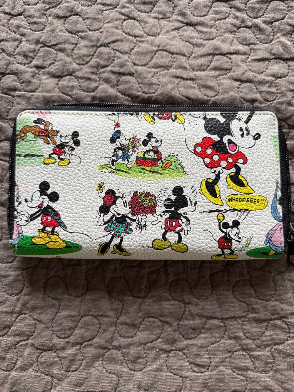 Disney White Mickey & Minnie Cartoon Zip Wallet with Red and Yellow Accents